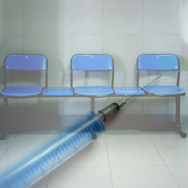 Vaccine syringe and hospital waiting room chairs, photos © FreeImages/Danilevici Filip-E. and Tulay Palaz