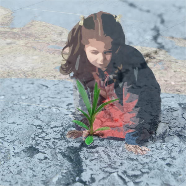 Photos of a young girl on the map of the world and a plant sprouting out of concrete. © FreeImages/Bob Smith and José A. Warletta