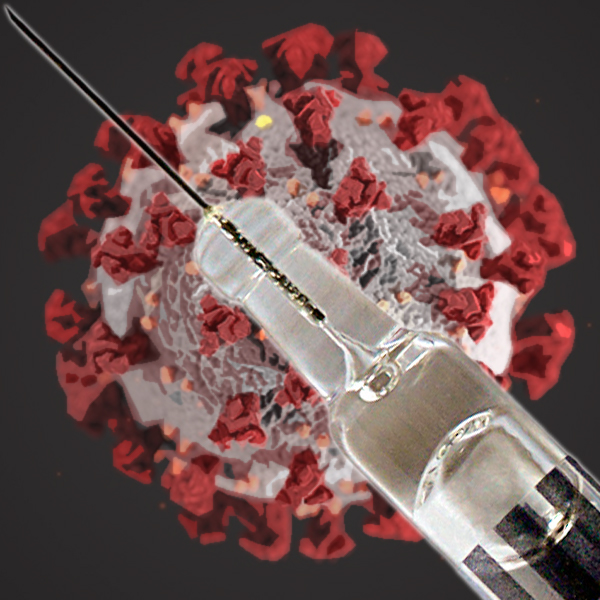 A vaccination syringe and needle crosses out the novel coronavirus. Photo © FreeImages/Antonio Jiménez Alonsoa