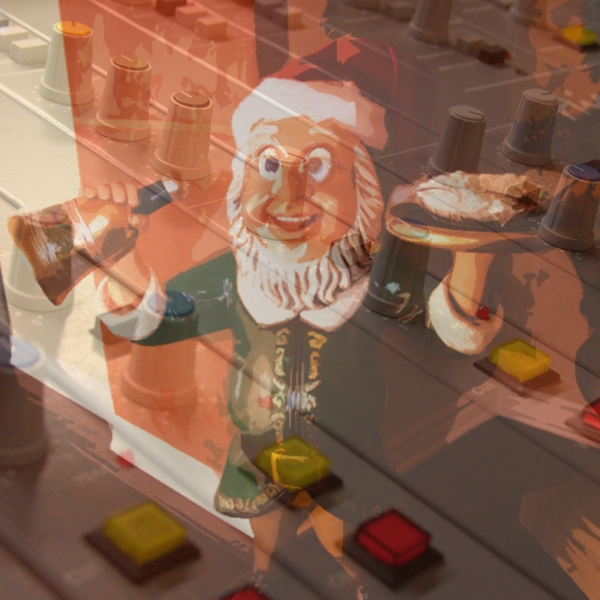 Photos of a radio mixing board and a house elf offering up food and drink © FreeImages/Martin Simonis and Donald Cook