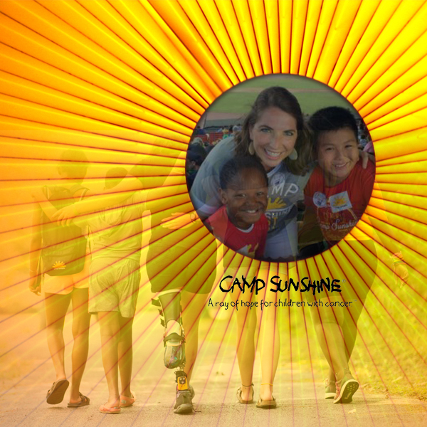 On a background that resembles both a sunflower and the sun, program manager Stephanie Irwin poses at a baseball game with two Camp Sunshine kids. Photos © Camp Sunshine Savannah and FreeImages/Joonas Lampinen