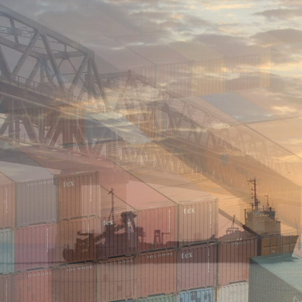 The shadow of shipping containers hovers over the Bogibeel Bridge in India and a ship at sunset. (Photos © FreeImages/Brad Burton, Utpal Deka, and Athewma Athewma)