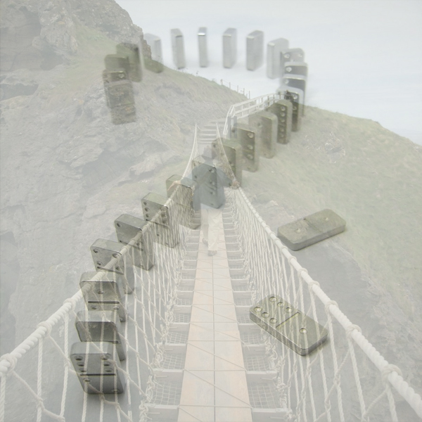 Dominoes in the shape of a question mark hover over a precarious suspension bridge. (Photos © FreeImages/Scouts Caslu and Eva Schuster)