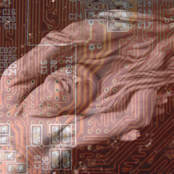 A statue of a woman is woven through a circuit board. (Photos © FreeImages/Weber VanHeber and Luis Rock)