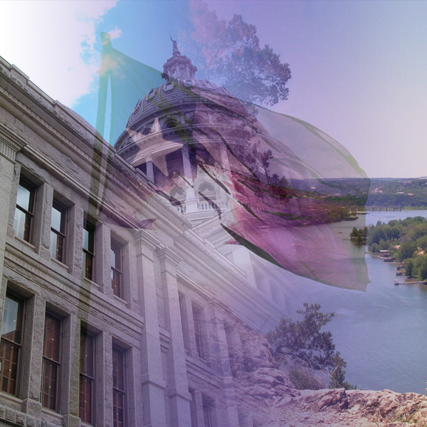 The Texas flag hovers over the capitol in Austin and a winding Texas river. (Photos © FreeImages/Brian Nunnery, Steve, and Zandikrat)