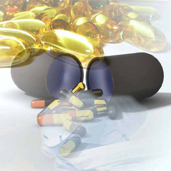 Golden pills spill out of a big capsule, as face masks fade to the background. (Photos © FreeImages/Chris Holder and pidsmannen)