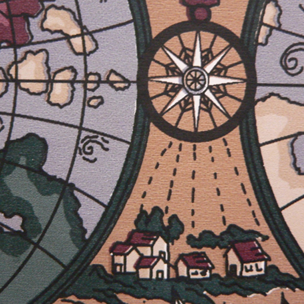 Part of a cartoon drawing of a world map, where the compass sends rays of sun over a hamlet of houses. (Photo © FreeImages/Zumberto _)