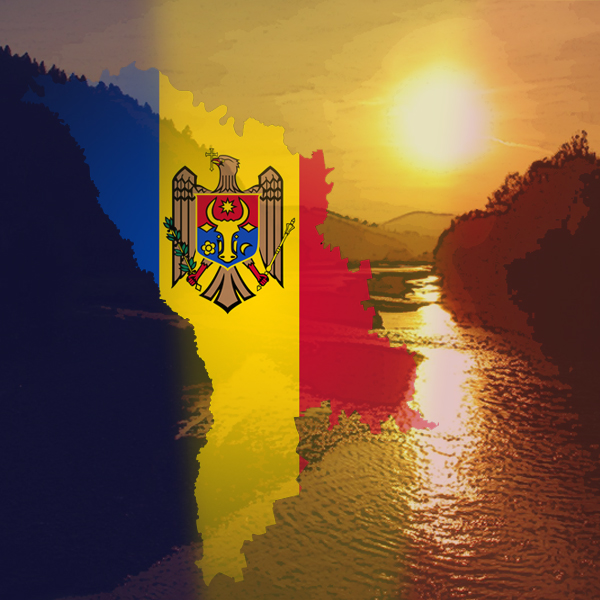 The sun shines over the Moldova River and an image of the country's outline and flag. (Photo © FreeImages/Danilevici Filip-E.)