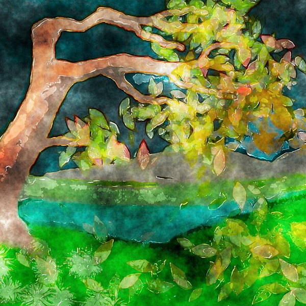 A watercolor of a tree bending in the wind, with its leaves floating to a verdant ground. (Image © Pixaby/Prawny)