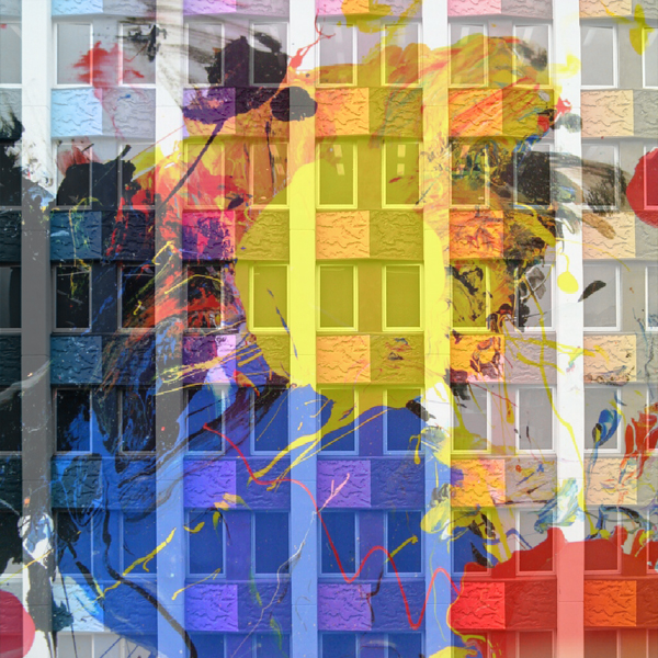 Yellow, red, blue, and black paint splatters across a many-windowed building. (Photos © FreeImages/melodi2 and 1234)
