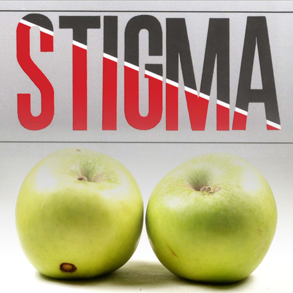 Two green apples, one with a blemish, sit underneath the word "stigma" taken from Erving Goffman's seminal 1963 work. (Photo © FreeImages/b_heyer)