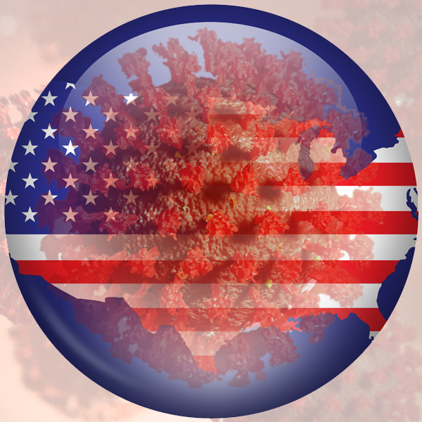 The novel coronavirus hovers over the U.S. flag and map of the nation. (Image © FreeImages/salingpusa)