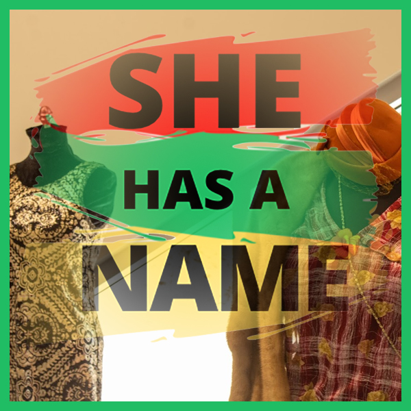 The "She Has a Name" logo, from Georgia Southern University's "History of Costume" class exhibit, hovers over two dress forms from the show. (Photos © “She Has a Name” Fashion Exhibition)