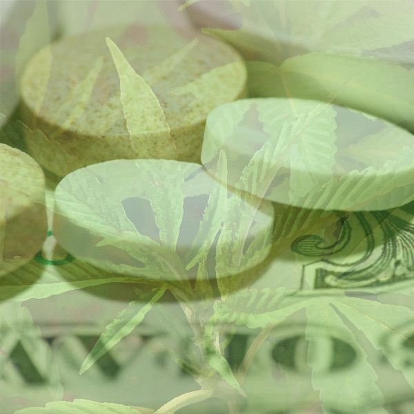 A marijuana plant and pills sit atop U.S. currency. (Photos © Jamesy0627144 and FreeImages/willsun and zager)