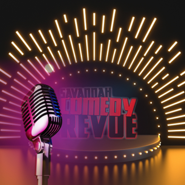 The Savannah Comedy Revue logo "stands" on a stage next to a microphone. (Logo © Savannah Comedy Revue)