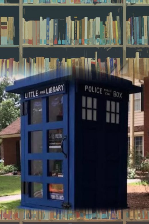 A "Little Free Library," in the shape of the Tardis, built by Richard Clifton