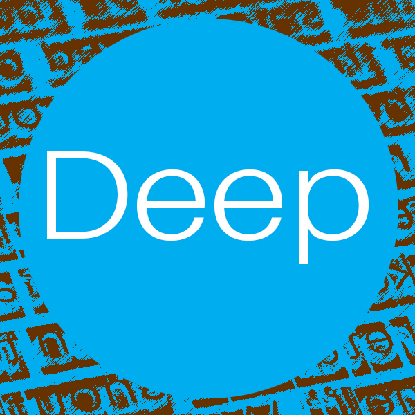 The Deep Center logo, a blue circle with the word "Deep" in white, sits atop a blue and brown field of typed writing.