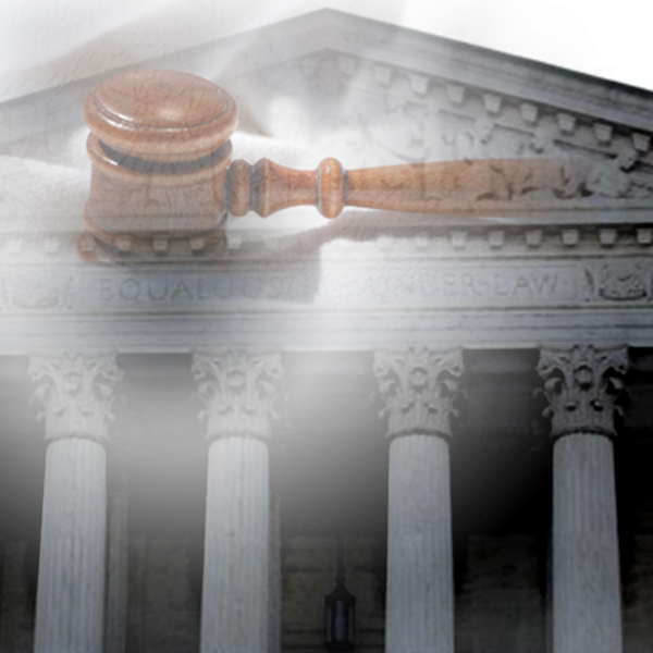 A gavel smashes the words "Equal Justice" under the cornice of the U.S. Supreme Court. (Photos © FreeImages/davidlat and gmarcelo)