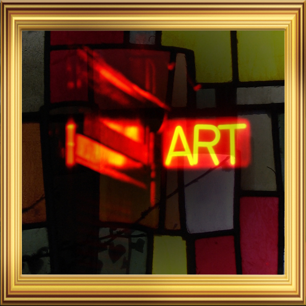 A gold frame surround a neon sign that reads "Art" on a background of different colored rectangles. (Photos © FreeImages.com/iansparks, nettadi, and gul791)